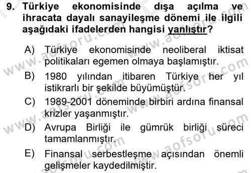 Türkiye Ekonomisi Dersi 2018 - 2019 Yılı (Vize) Ara Sınav Soruları 9. Soru