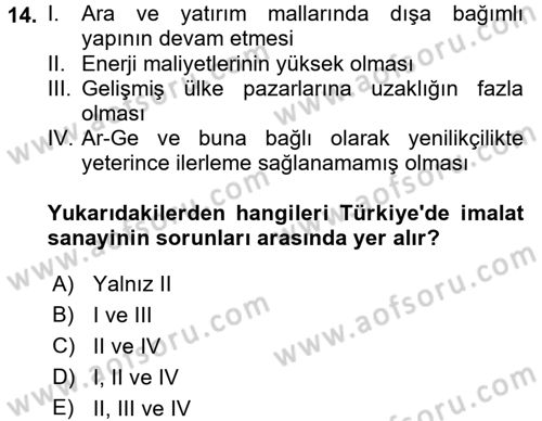 Türkiye Ekonomisi Dersi 2018 - 2019 Yılı Yaz Okulu Sınav Soruları 14. Soru