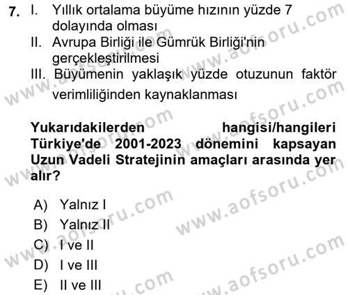 Türkiye Ekonomisi Dersi 2024 - 2025 Yılı (Vize) Ara Sınav Soruları 7. Soru