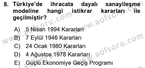 Türkiye Ekonomisi Dersi 2024 - 2025 Yılı (Vize) Ara Sınav Soruları 8. Soru
