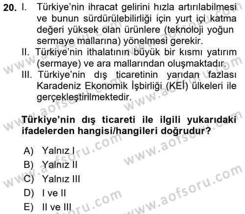 Türkiye Ekonomisi Dersi 2024 - 2025 Yılı (Final) Dönem Sonu Sınav Soruları 20. Soru
