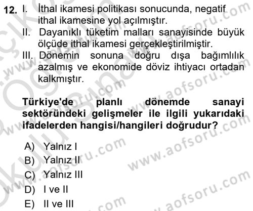 Türkiye Ekonomisi Dersi 2024 - 2025 Yılı Yaz Okulu Sınav Soruları 12. Soru
