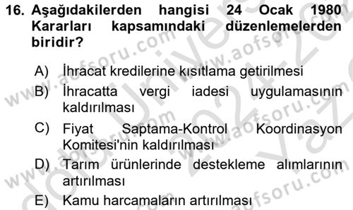 Türkiye Ekonomisi Dersi 2024 - 2025 Yılı Yaz Okulu Sınav Soruları 16. Soru