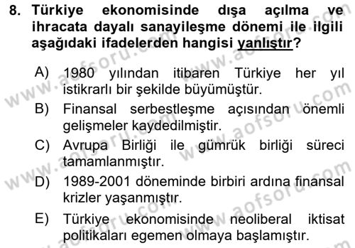 Türkiye Ekonomisi Dersi 2025 - 2026 Yılı (Vize) Ara Sınav Soruları 8. Soru