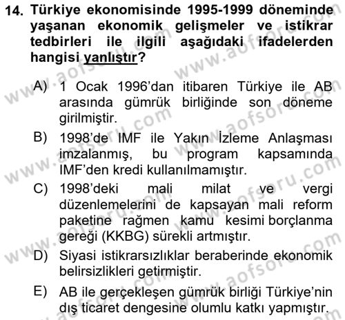 Türkiye Ekonomisi Dersi 2025 - 2026 Yılı (Final) Dönem Sonu Sınav Soruları 14. Soru