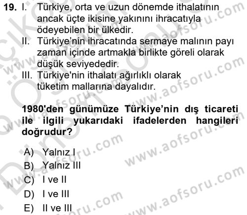 Türkiye Ekonomisi Dersi 2025 - 2026 Yılı (Final) Dönem Sonu Sınav Soruları 19. Soru