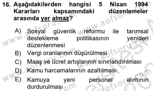 Türkiye Ekonomisi Dersi 2025 - 2026 Yılı Yaz Okulu Sınav Soruları 16. Soru