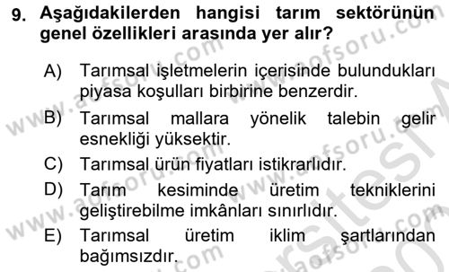 Türkiye Ekonomisi Dersi 2025 - 2026 Yılı Yaz Okulu Sınav Soruları 9. Soru