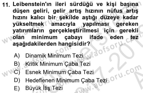 İktisadi Kalkınma Dersi Ara Sınavı Deneme Sınav Soruları 11. Soru