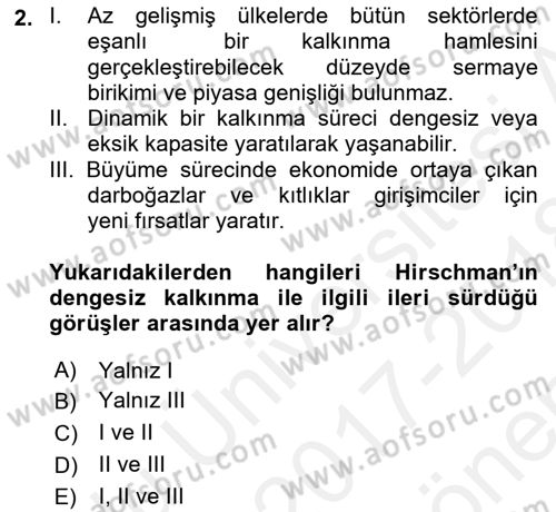 İktisadi Kalkınma Dersi 2017 - 2018 Yılı (Final) Dönem Sonu Sınav Soruları 2. Soru