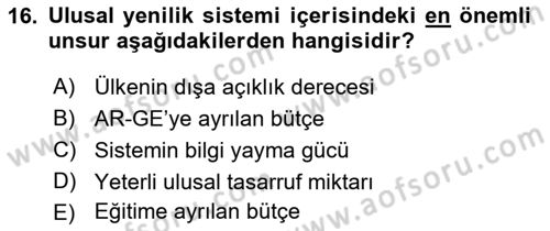 İktisadi Kalkınma Dersi 2018 - 2019 Yılı 3 Ders Sınavı 16. Soru