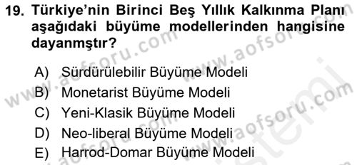 İktisadi Kalkınma Dersi 2018 - 2019 Yılı (Vize) Ara Sınav Soruları 19. Soru