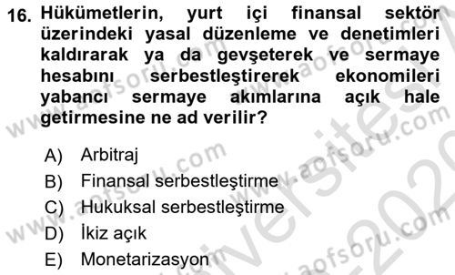 İktisadi Kalkınma Dersi 2019 - 2020 Yılı (Final) Dönem Sonu Sınav Soruları 16. Soru