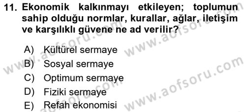 İktisadi Kalkınma Dersi 2021 - 2022 Yılı Yaz Okulu Sınav Soruları 11. Soru