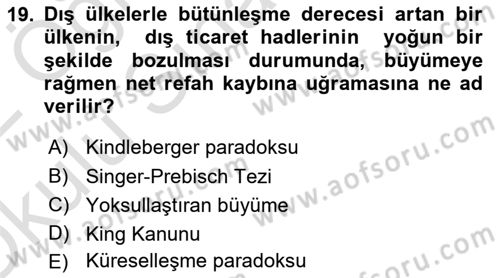 İktisadi Kalkınma Dersi 2021 - 2022 Yılı Yaz Okulu Sınav Soruları 19. Soru