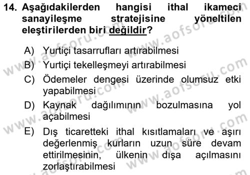 İktisadi Kalkınma Dersi Ara Sınavı Deneme Sınav Soruları 14. Soru