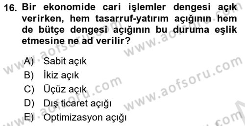 İktisadi Kalkınma Dersi 2022 - 2023 Yılı (Vize) Ara Sınav Soruları 16. Soru