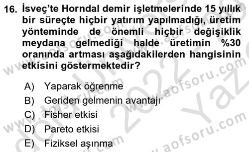 İktisadi Kalkınma Dersi 2022 - 2023 Yılı Yaz Okulu Sınav Soruları 16. Soru