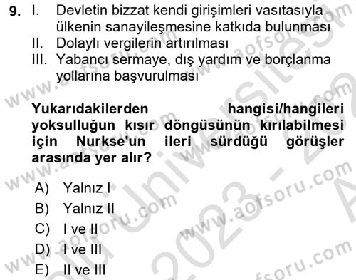 İktisadi Kalkınma Dersi Ara Sınavı Deneme Sınav Soruları 9. Soru