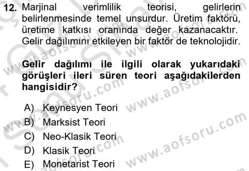 İktisadi Kalkınma Dersi 2023 - 2024 Yılı (Final) Dönem Sonu Sınav Soruları 12. Soru