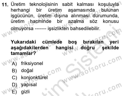 İktisadi Kalkınma Dersi 2023 - 2024 Yılı Yaz Okulu Sınav Soruları 11. Soru