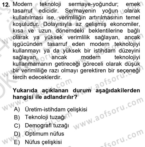 İktisadi Kalkınma Dersi 2023 - 2024 Yılı Yaz Okulu Sınav Soruları 12. Soru