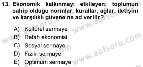 İktisadi Kalkınma Dersi 2023 - 2024 Yılı Yaz Okulu Sınav Soruları 13. Soru