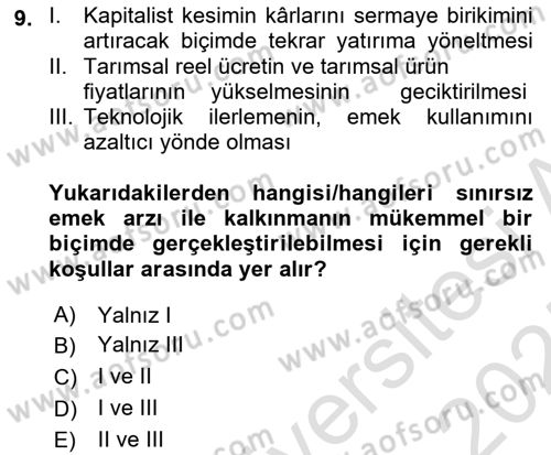 İktisadi Kalkınma Dersi 2024 - 2025 Yılı (Vize) Ara Sınav Soruları 9. Soru