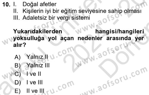 İktisadi Kalkınma Dersi 2024 - 2025 Yılı (Final) Dönem Sonu Sınav Soruları 10. Soru