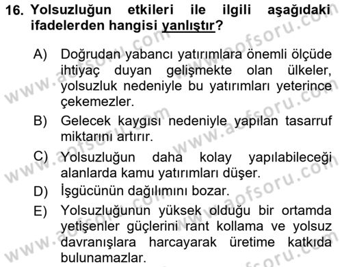 İktisadi Kalkınma Dersi 2024 - 2025 Yılı (Final) Dönem Sonu Sınav Soruları 16. Soru