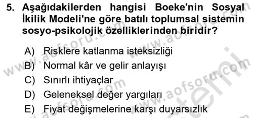 İktisadi Kalkınma Dersi 2024 - 2025 Yılı Yaz Okulu Sınav Soruları 5. Soru