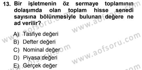 Finansal Ekonomi Dersi 2014 - 2015 Yılı Tek Ders Sınavı 13. Soru