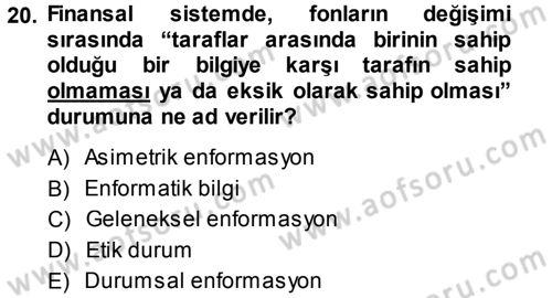 Finansal Ekonomi Dersi 2014 - 2015 Yılı Tek Ders Sınav Soruları 20. Soru