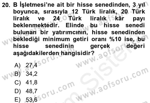 Finansal Ekonomi Dersi 2015 - 2016 Yılı Tek Ders Sınavı 20. Soru