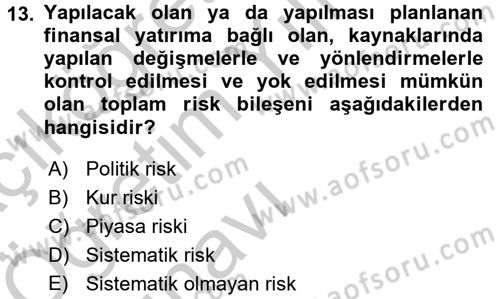 Finansal Ekonomi Dersi 2016 - 2017 Yılı 3 Ders Sınav Soruları 13. Soru