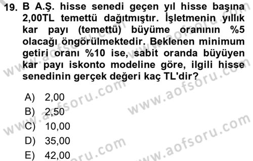 Finansal Ekonomi Dersi 2016 - 2017 Yılı 3 Ders Sınav Soruları 19. Soru