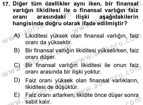 Finansal Ekonomi Dersi 2016 - 2017 Yılı (Vize) Ara Sınavı 17. Soru