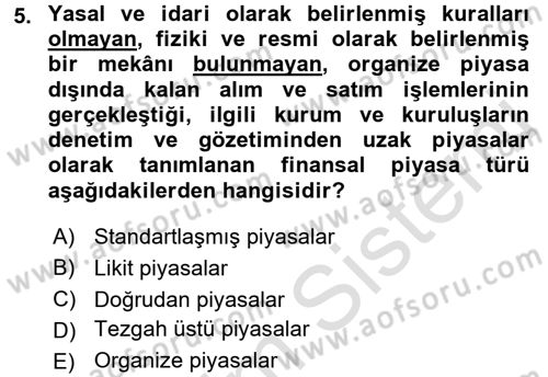 Finansal Ekonomi Dersi Ara Sınavı Deneme Sınav Soruları 5. Soru