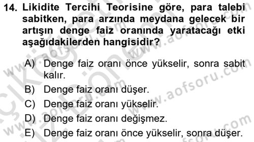 Finansal Ekonomi Dersi Ara Sınavı Deneme Sınav Soruları 14. Soru
