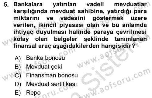 Finansal Ekonomi Dersi 2017 - 2018 Yılı (Vize) Ara Sınav Soruları 5. Soru