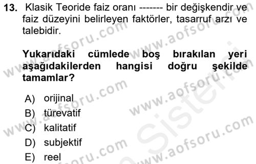Finansal Ekonomi Dersi Ara Sınavı Deneme Sınav Soruları 13. Soru