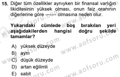 Finansal Ekonomi Dersi 2018 - 2019 Yılı (Vize) Ara Sınav Soruları 15. Soru