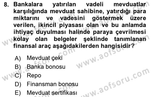 Finansal Ekonomi Dersi 2018 - 2019 Yılı (Vize) Ara Sınavı 8. Soru