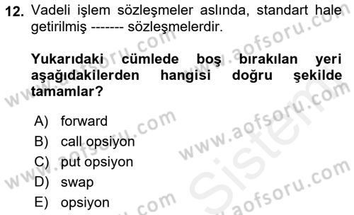 Finansal Ekonomi Dersi 2018 - 2019 Yılı (Final) Dönem Sonu Sınavı 12. Soru