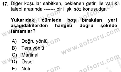 Finansal Ekonomi Dersi 2018 - 2019 Yılı (Final) Dönem Sonu Sınav Soruları 17. Soru