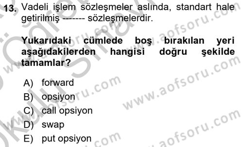 Finansal Ekonomi Dersi 2018 - 2019 Yılı Yaz Okulu Sınavı 13. Soru