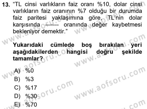 Finansal Ekonomi Dersi 2020 - 2021 Yılı Yaz Okulu Sınav Soruları 13. Soru