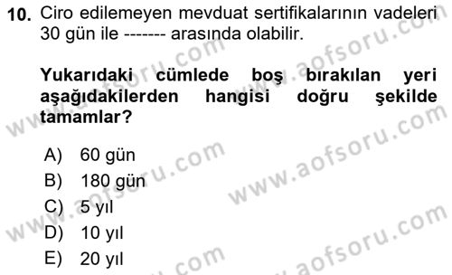 Finansal Ekonomi Dersi Ara Sınavı Deneme Sınav Soruları 10. Soru