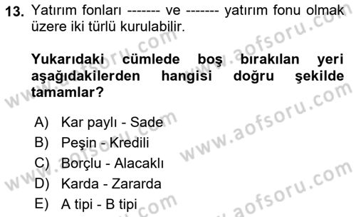 Finansal Ekonomi Dersi 2021 - 2022 Yılı (Vize) Ara Sınav Soruları 13. Soru