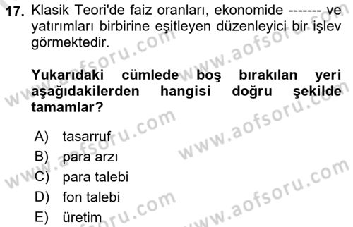 Finansal Ekonomi Dersi 2021 - 2022 Yılı (Vize) Ara Sınavı 17. Soru